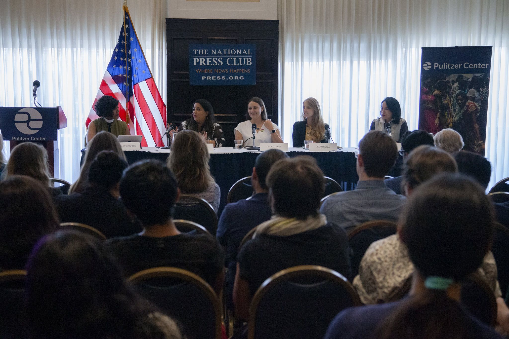 Pulitzer Center grantees discuss the intersectionality of gender and religion at the Beyond Religion conference. The panelists from left to right are: Winnie Varghese (moderator), Aarti Singh, Julia Canney, Sarah Aziza, and Ana Santos. Image by Jin Ding. Washington, D.C., 2019.