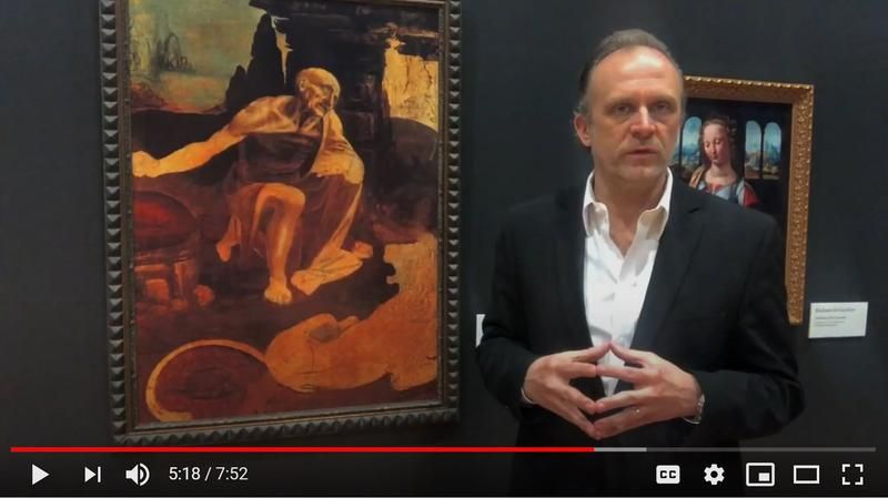 Chief Curator Bill Conger guides viewers through the works of Leonardo DaVinci in one of hundreds of videos that make up the Virtual Peoria Riverfront Museum. Image by Peoria Riverfront Museum. United States, 2020.