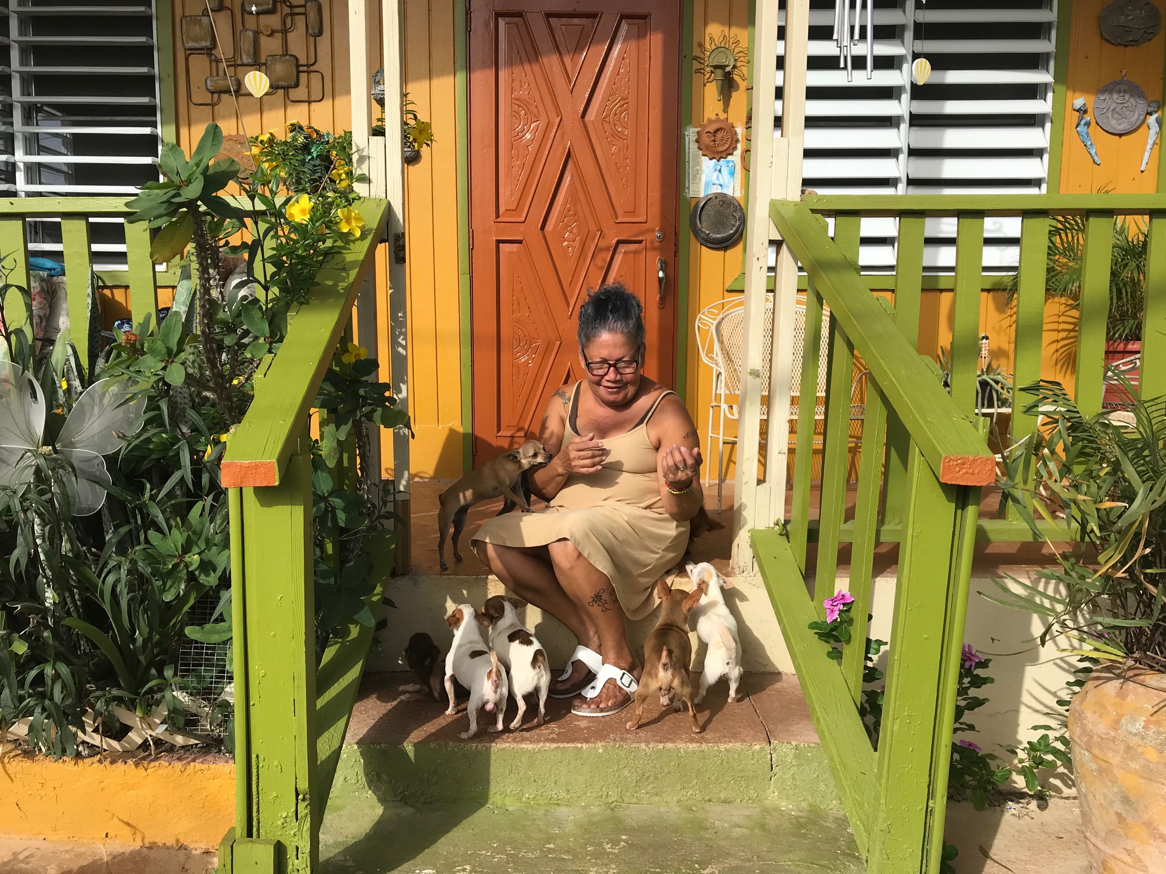 Norma Rodriguez Mercado spends time with her dogs at her house in Cabo Rojo, PR. The University Institute at Puerto Rico's Mayagüez campus is helping her submit her FEMA appeal. Image by Tomas Woodall Posada. United States, 2018.