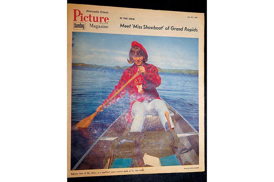 A magazine story depicts Becky Rom canoeing in 1965. Image by Jack Brook. United States, 2020. 
