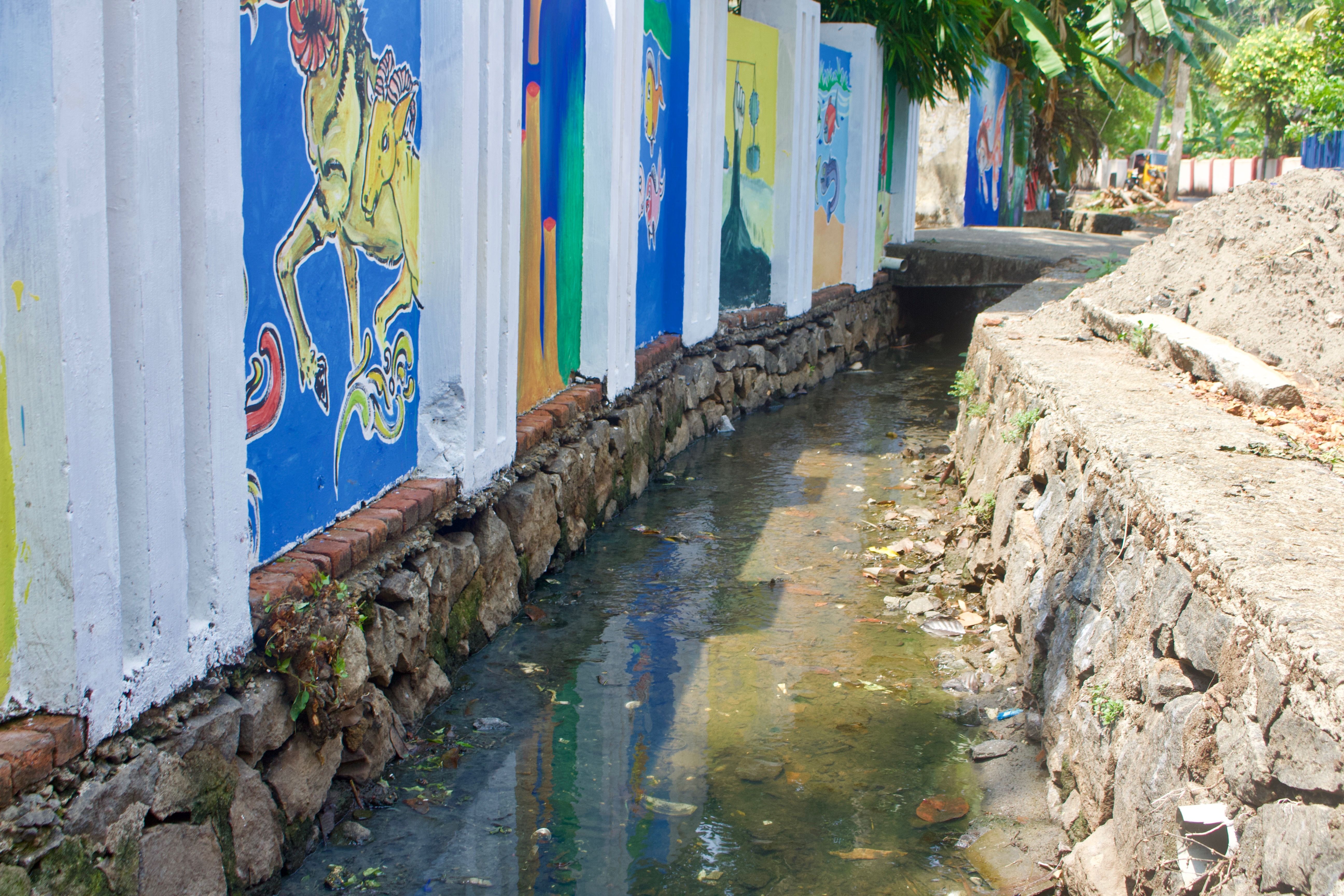 Canalpy and others involved with the rejuvenation project hired local artists to paint murals along the canal encouraging locals to keep their surroundings clear of waste after the canals were cleaned up. Image by Katelyn Weisbrod. India, 2019.