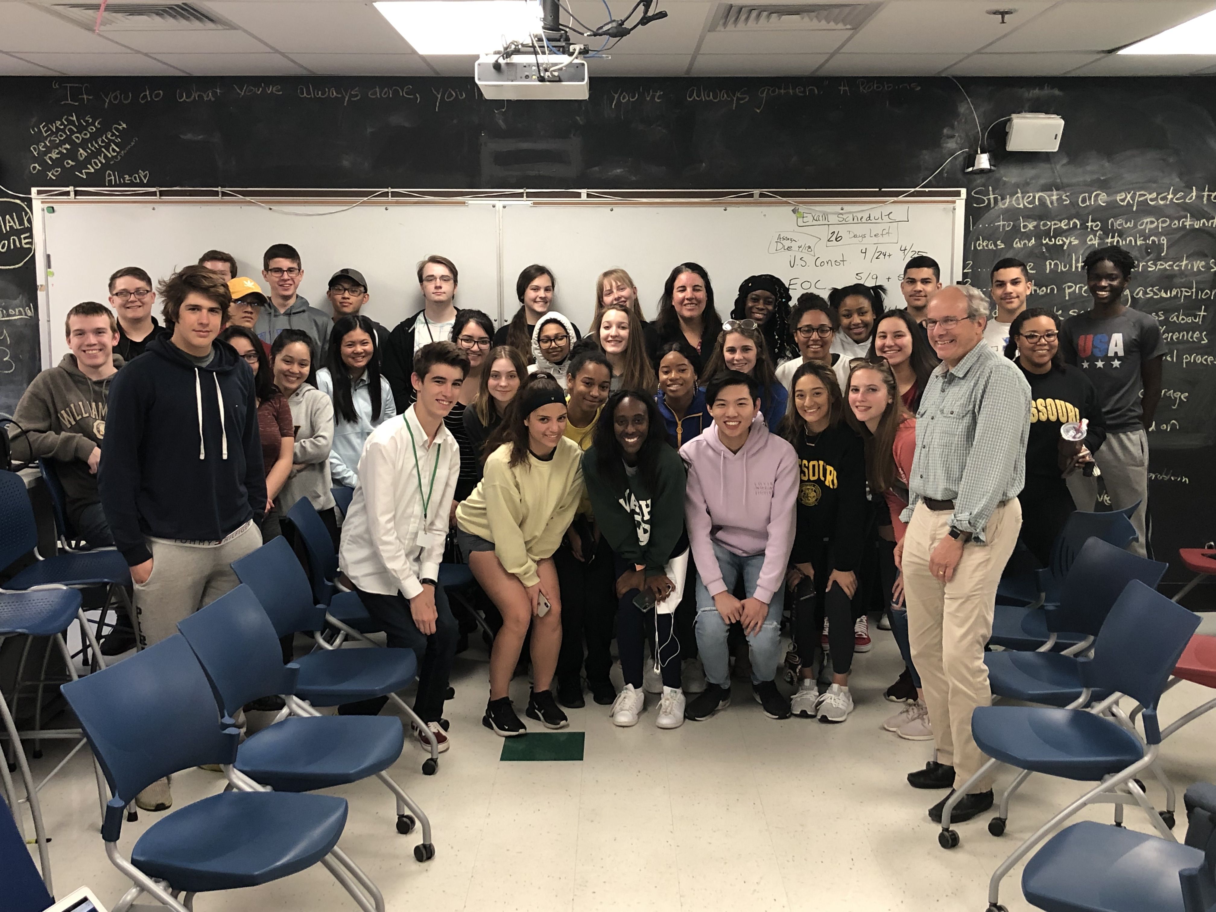 Bill Freivogel poses with students from Pattonville High School after their discussion about civil asset forfeiture. Maryland Heights, MO, 2019. Image courtesy Pattonville High School.