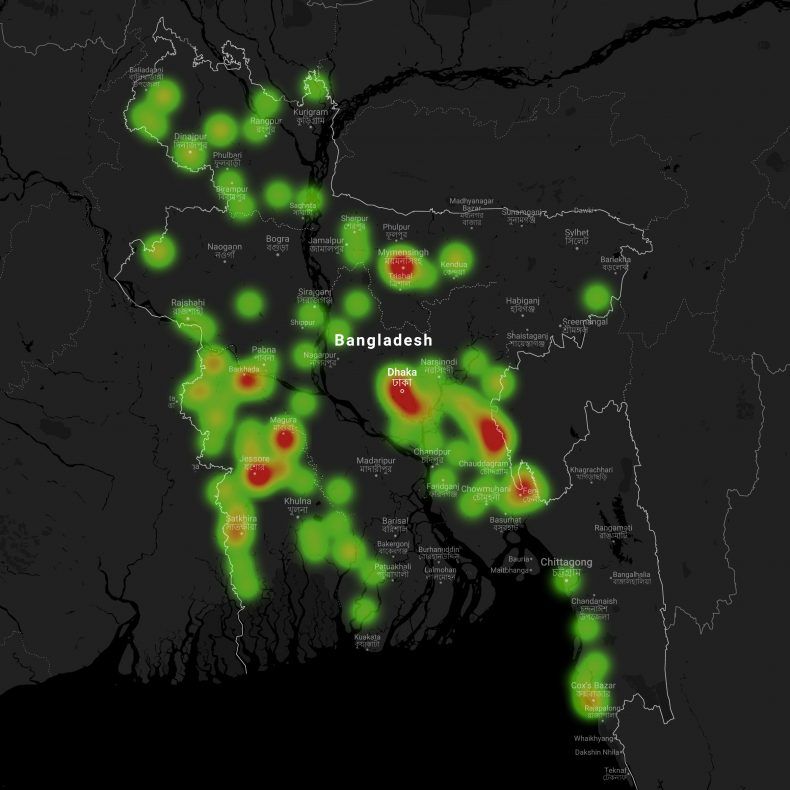 A heat map of drug killings in Bangladesh. Image by Siddharthya Roy. Bangladesh, 2018.