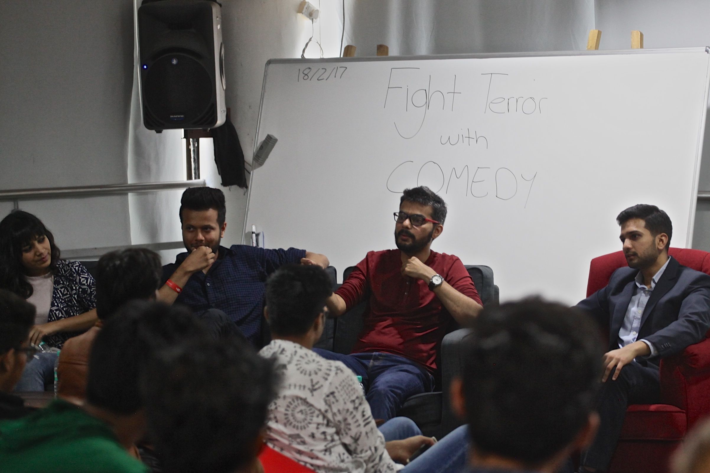 East India Comedy members Sapan Verma and Kunal Rao with Priyank Mathur addressing the audience at the workshop “Fighting Terror With Comedy." Image by Wes Bruer. India, 2017.
