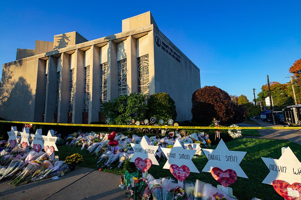 A makeshift shrine to the victims of Saturday's deadly shooting outside of Tree of Life synagogue in Pittsburgh. Image by Brendt A Petersen / Shutterstock.com. United States, 2018.