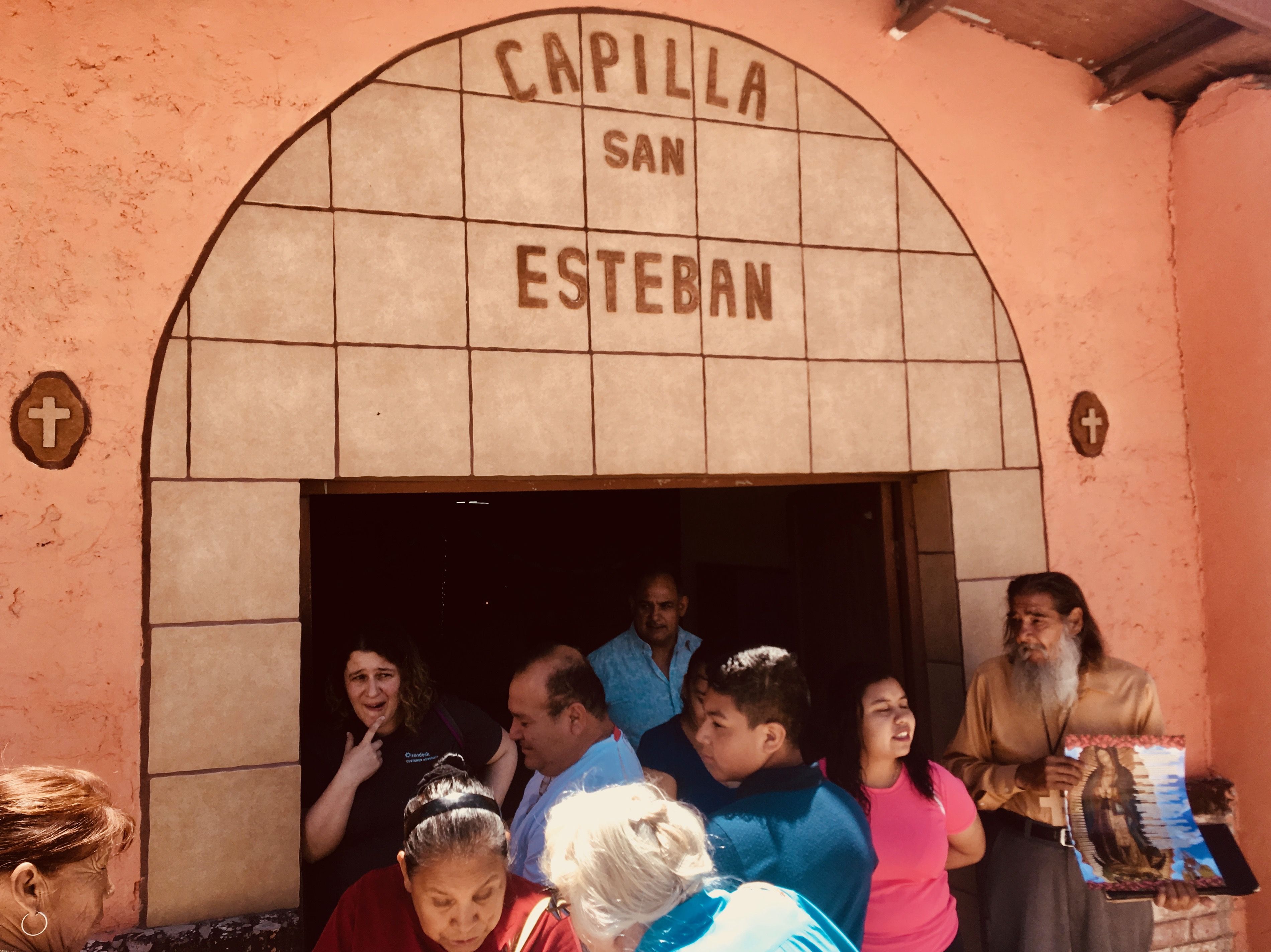 Parishioners gather outside the chapel. Image by Lily Moore-Eissenberg. Mexico, 2019.