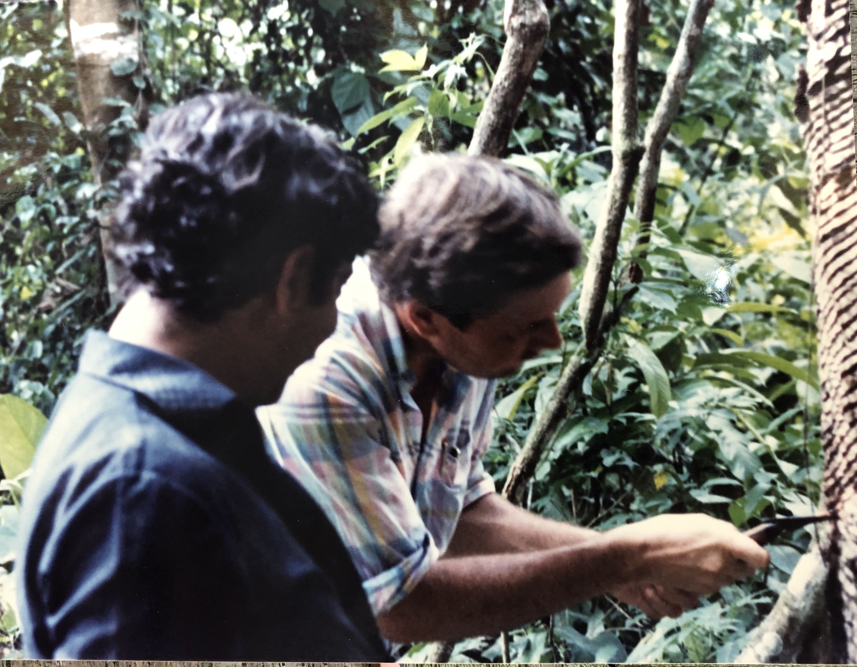 Pulitzer Executive Director Jon Sawyer (right) on a 1987 reporting trip, in the Amazon state of Acre, with rubber tapper/environmentalist Chico Mendes. Mendes was murdered a few months later. The Brazilian agency charged with protecting the Amazon is named for Mendes. The current government, led by President Jair Bolsenaro, is pressing to undo the environmental regulations that were a key legacy of Chico Mendes. Image by Kem Knapp Sawyer. Brazil, 1987. 