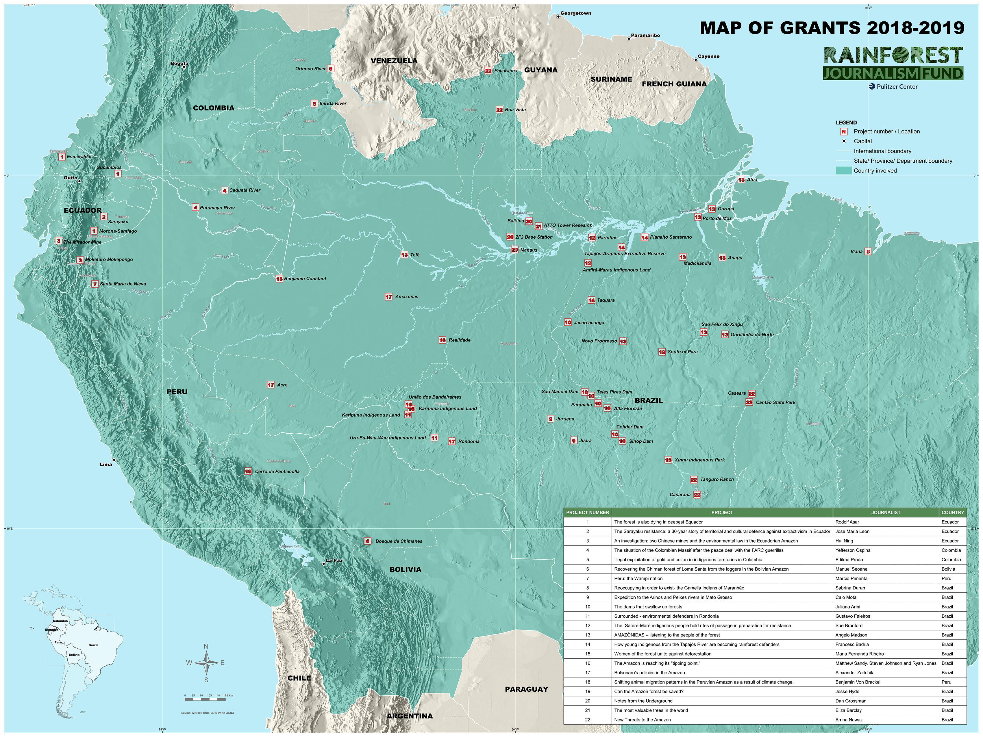 This map, designed by cartographer Marcos Brito, depicts all Rainforest Journalism Fund projects reported since the initiative's launch in 2018. Image by Jan Rocha. Brazil, 2019. 