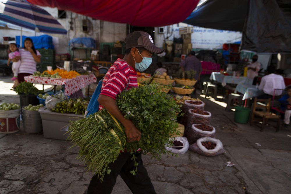 A vendor carries cilantro at the market in Acatlan de Osorio, Mexico, to resell in his smaller community, Saturday, June 27, 2020. Mexico has long depended on money coming from Mexicans living abroad; remittances bring in more money from overseas than the oil industry and tourism. Image by Fernando Llano/AP Photo. Mexico, 2020.