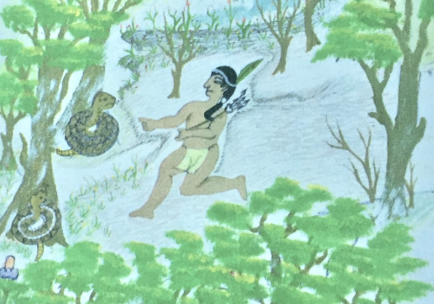 Stories passed down through generations share morals, history, and cultural norms. A commonly shared tale of a man and snake is depicted in this drawing by Ngäbe-Buglé community members. Image by Samira Tella. Costa Rica, 2018.