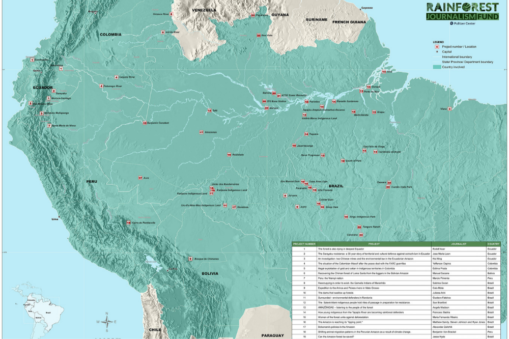 A map, designed by cartographer Marcos Brito, depicts all Rainforest Journalism Fund projects reported since the initiative's launch in 2018. Image by Jan Rocha. Brazil, 2019. 