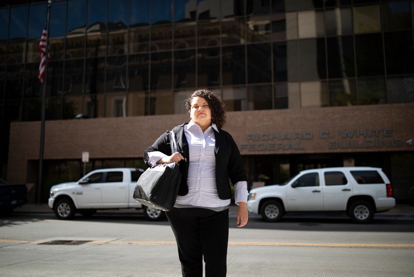 Attorney Taylor Levy in front of the Richard C. White federal building in El Paso on Wednesday. Image by Ivan Pierre Aguirre. United States, 2019.