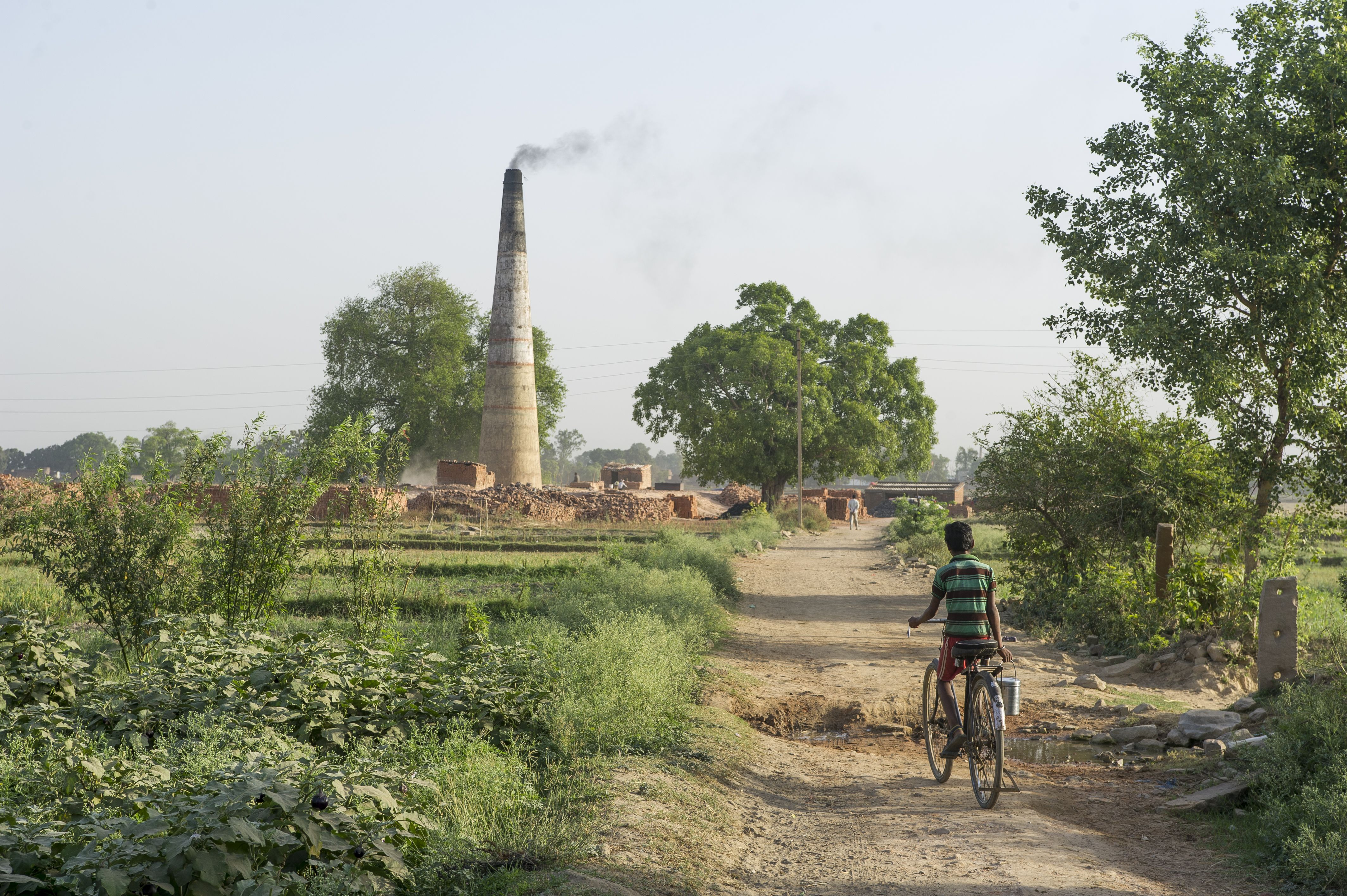 A boy rides a bike towards a brick kiln outside of Varanasi, India. Many kilns in the country rely on bonded labor. Image by Ann Hermes. India, 2016.