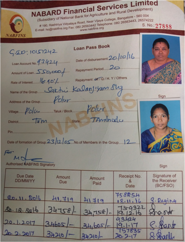 A loan certificate given to the Sakthi Pengal Munnettra Sangam group allows them to grant individual loans to women. Image by Praveena Somasundaram. India, 2017.