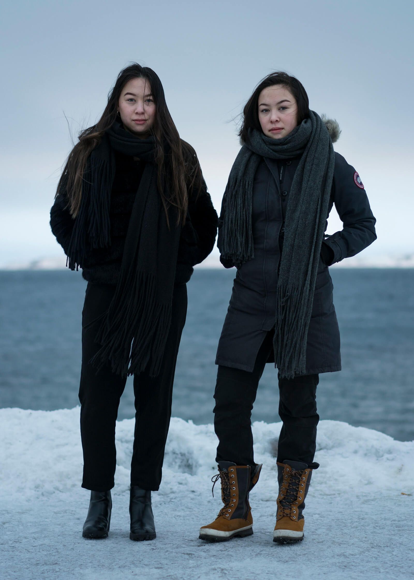 Sixteen-year-old twins Sara and Stina Olsvig plan to study abroad for a year in Denmark, Many of the students who study abroad don't return to Greenland. Image by Jonas Bendiksen/Magnum Photos. Greenland, 2018.