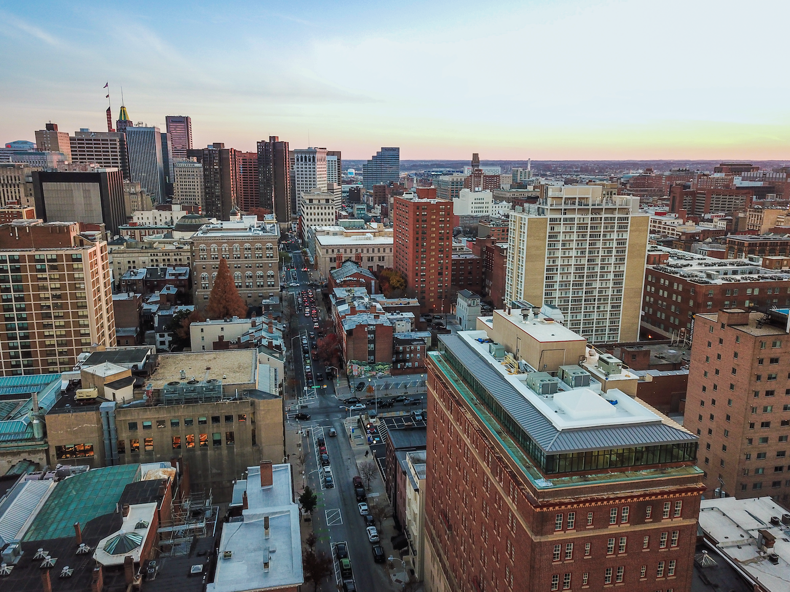 Aerial of Downtown Baltimore, Maryland from Mount Vernon Place. Image by Christian Hinkle / Shutterstock. United States, undated.