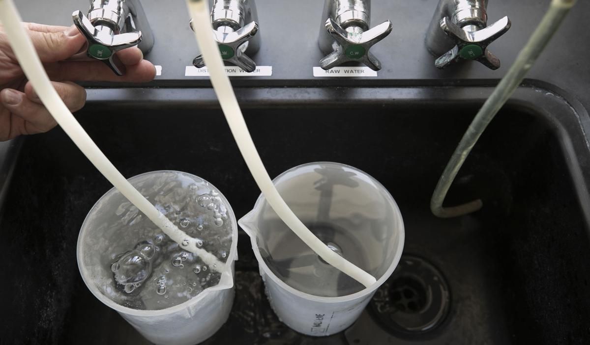 Raw and treated water are tested at the Tyrrell County Water Treatment plant on Thursday, July 23, 2020 in Tyrrell County. Image by Robert Willett / The News & Observer / North Carolina News Collaborative. United States, 2020.