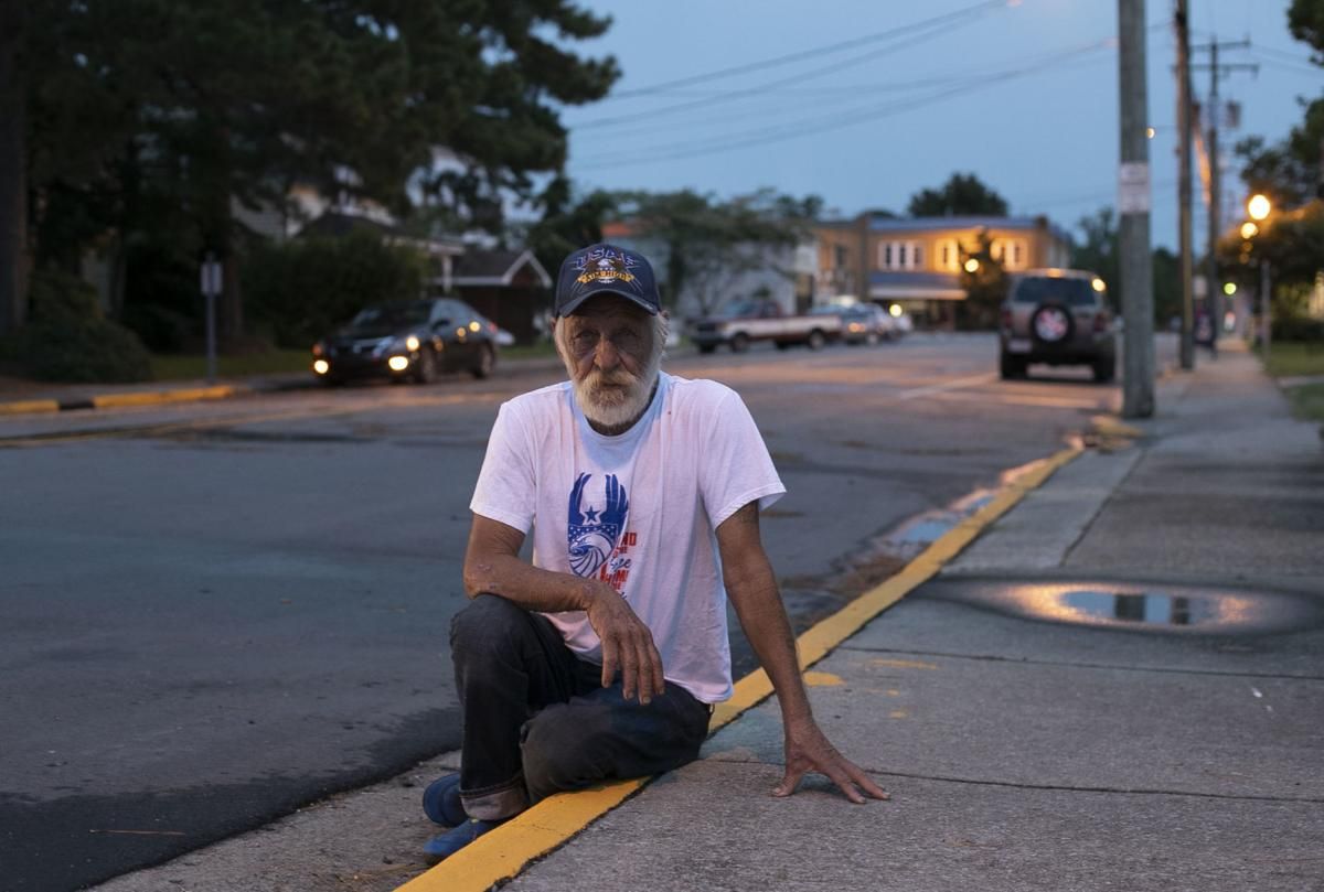 Ralph Lee Weatherly, a homeless Air Force veteran who grew up in Columbia looks for help make ends meet on Thursday, July 23, 2020 in Columbia, N.C. Weatherly said he had run out of money with more than a week until his August government check was scheduled to arrive. Image by Robert Willett / The News & Observer / North Carolina News Collaborative. United States, 2020.