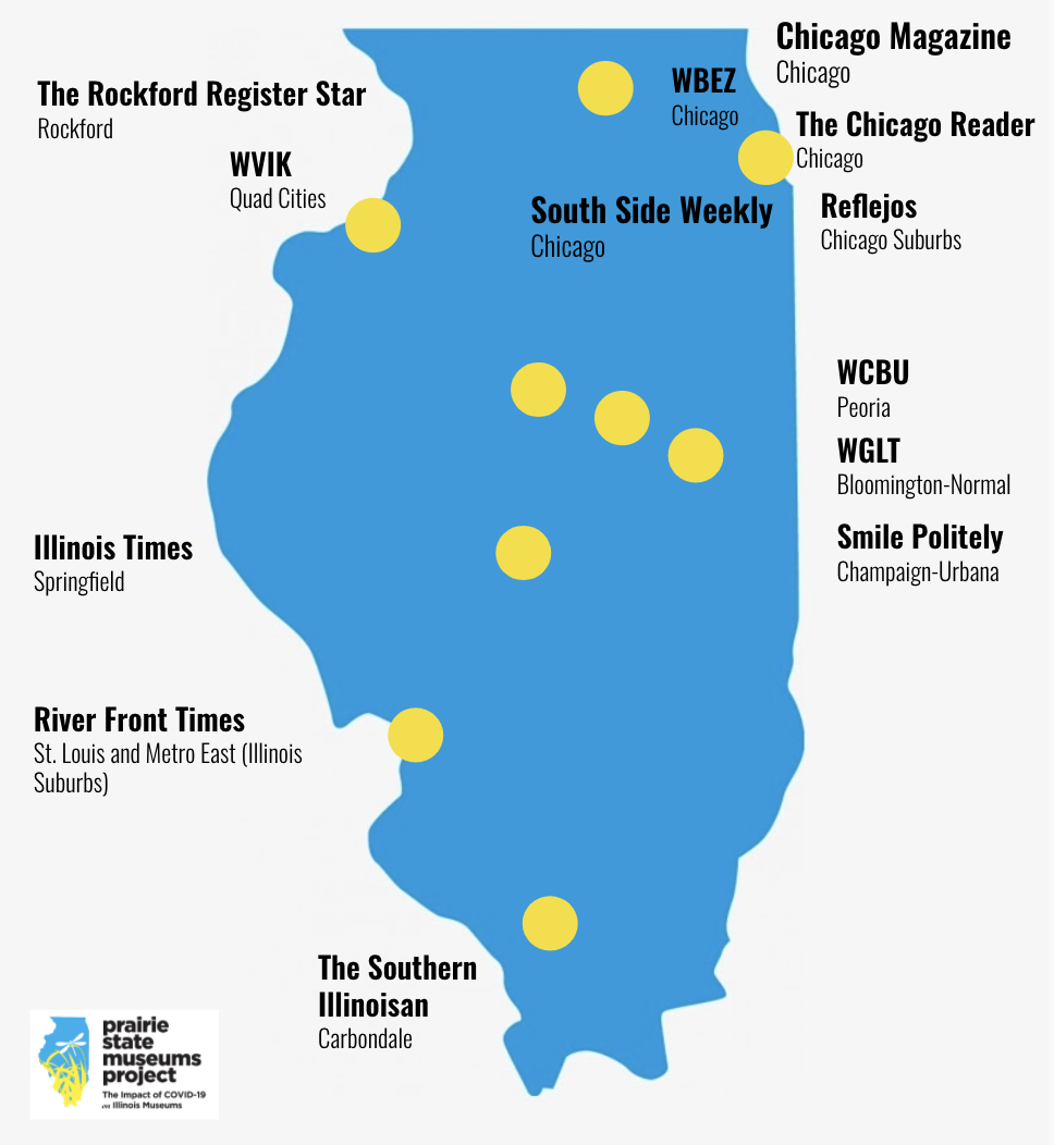 There are 13 news outlets associated with the Prairie State Museums Project across the state of Illinois. Graphic courtesy of Resilient Heritage.