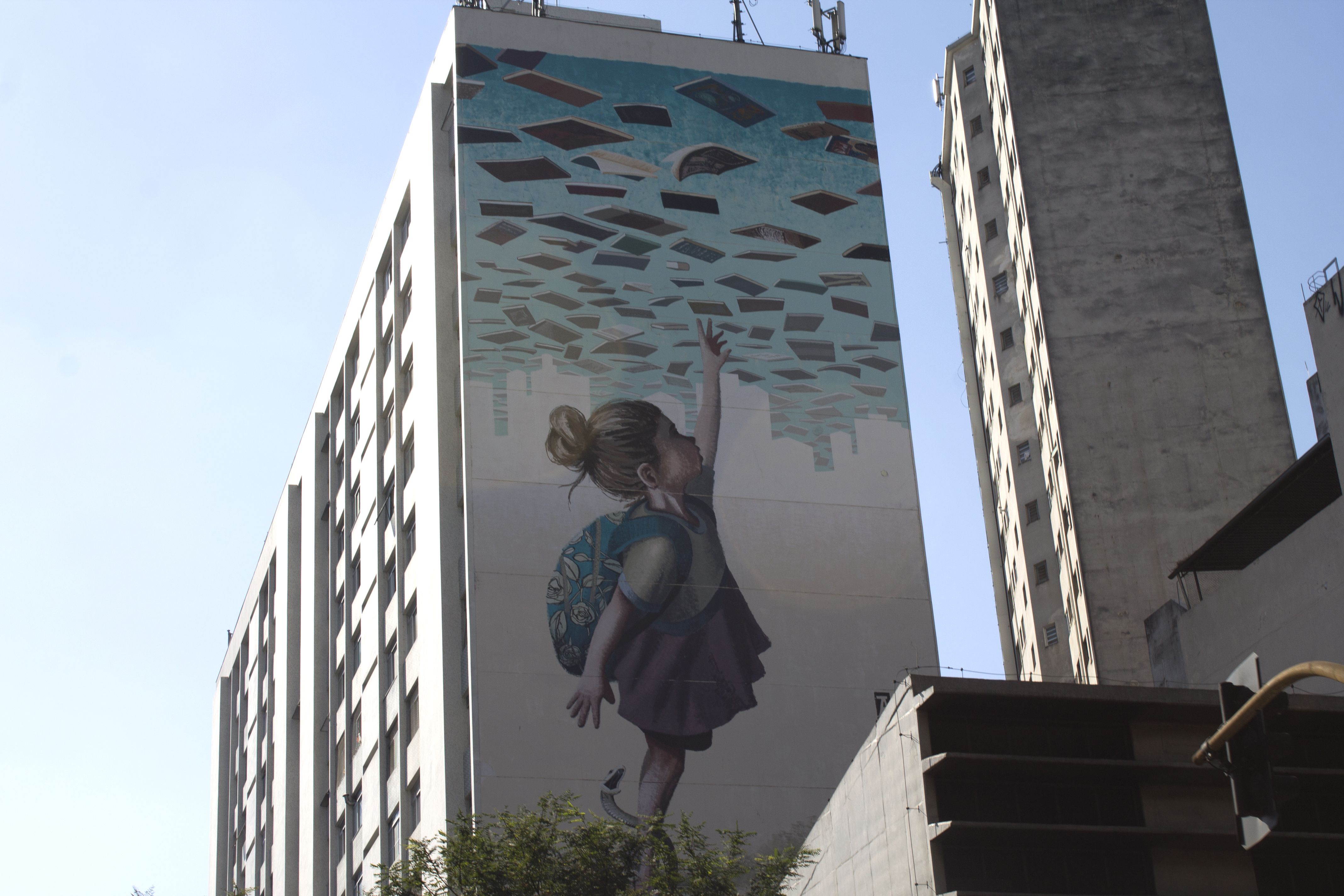 Much of Sao Paulo is covered with graffiti, but some of the art is more politically minded than others. Pictured is a young girl reaching for the sky, books replacing the clouds. On paper, education and training are available to the people of Brazil, but not everyone can obtain it. Image by Amanda Michelle Gordon. Brazil, 2018. 