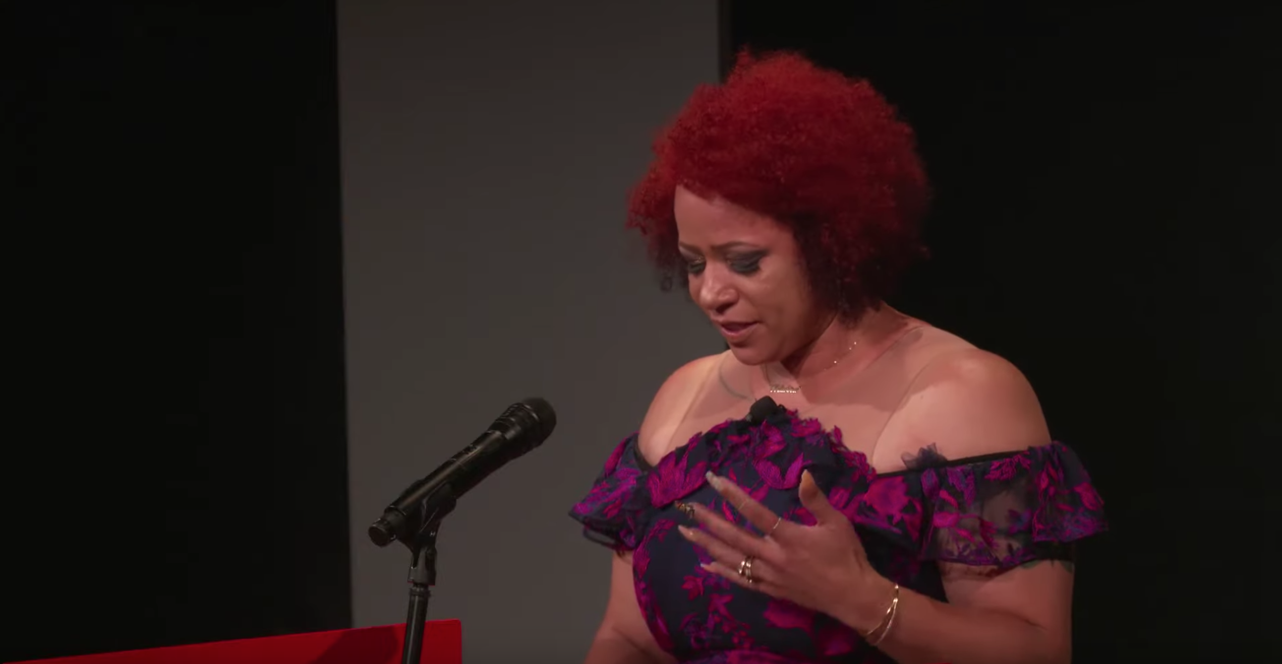 Nikole Hannah-Jones speaks about the conception of 'The 1619 Project.' Screenshot from video. United States, 2019.