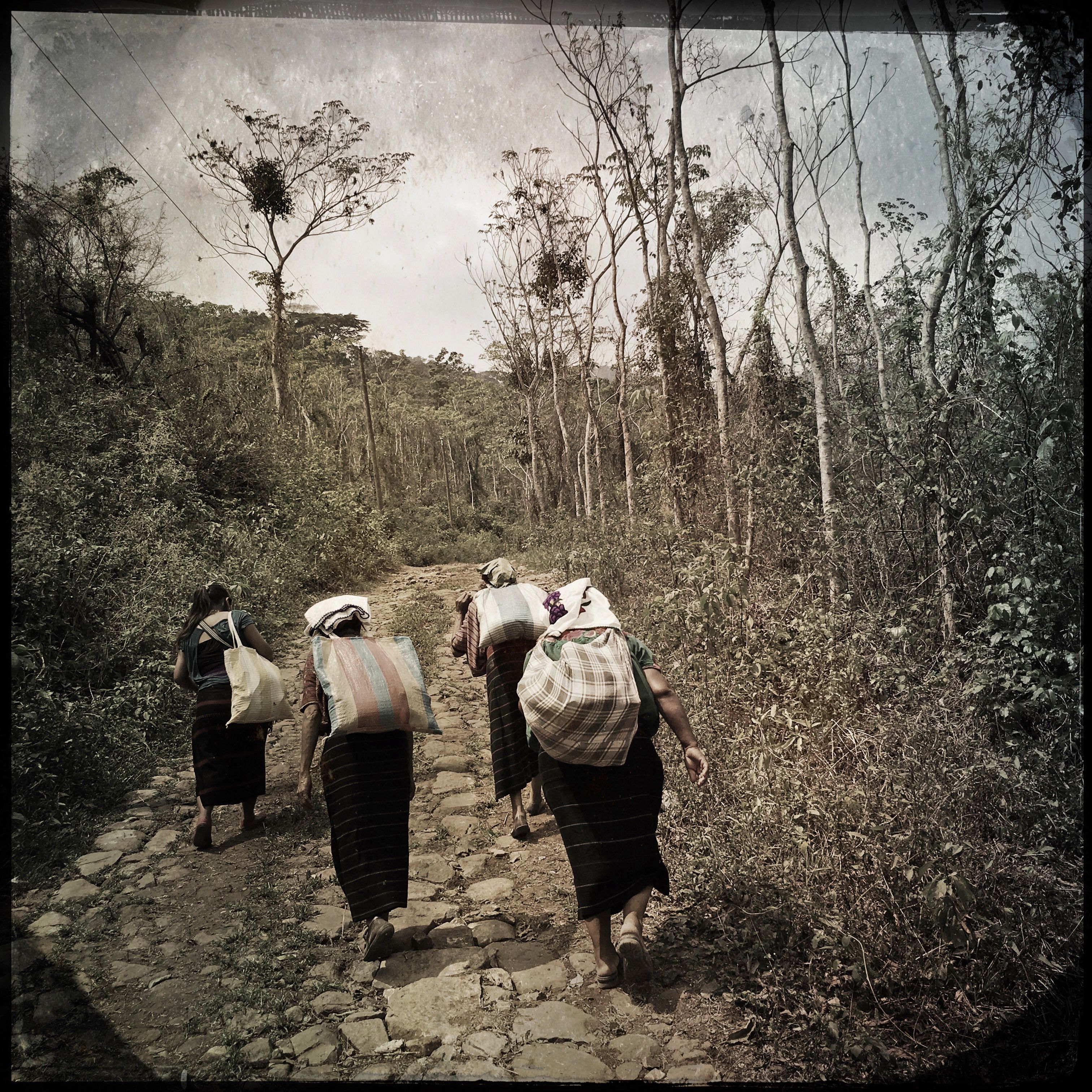 Near San Ramon, Guatemala, a group of women carry supplies over the hilly terrain. Photo by Lynn Johnson. Guatemala, 2017.