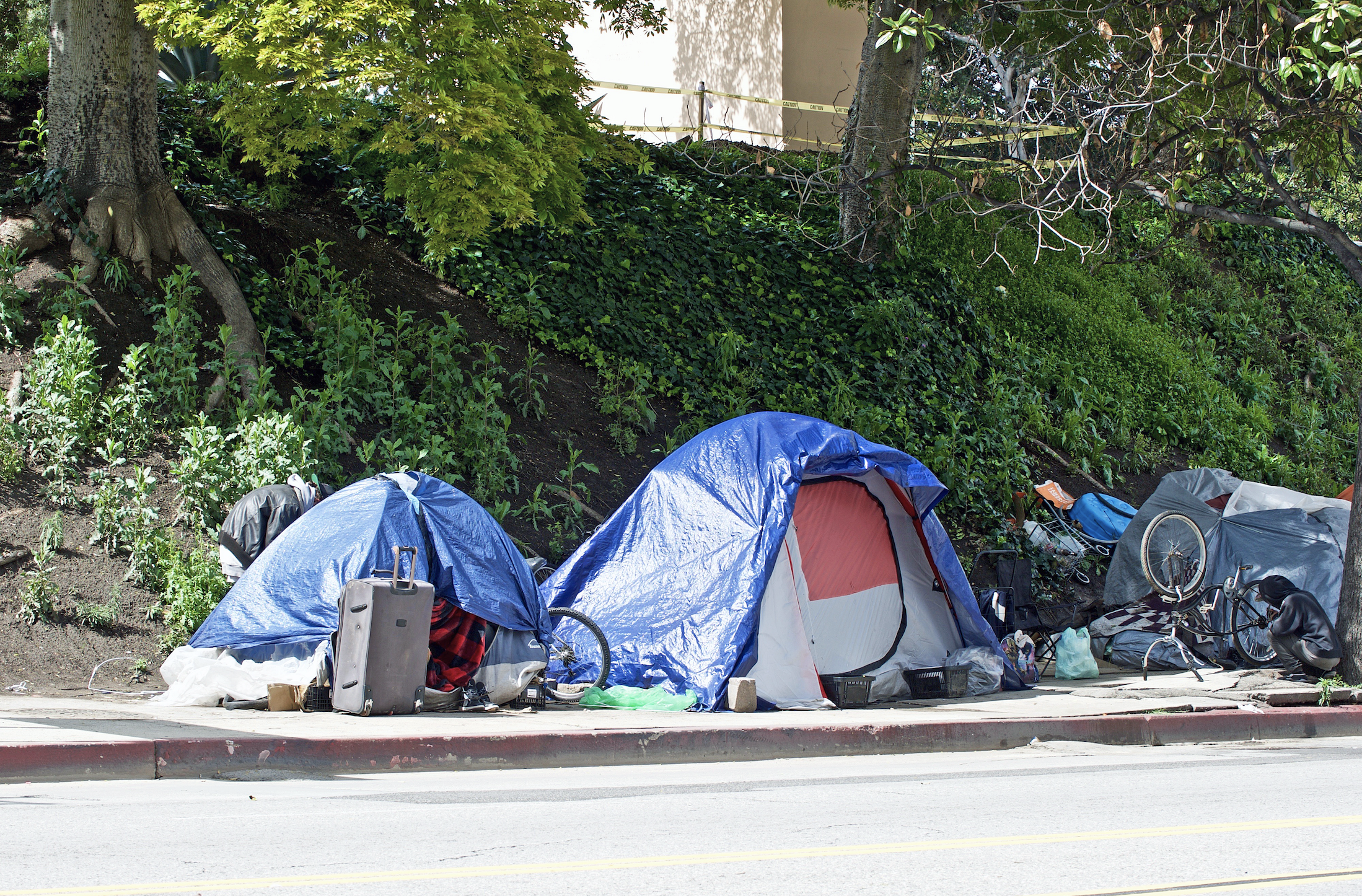 Homeless encampments along a Los Angeles roadside on April 8, depicting the growing epidemic of homelessness amid the worldwide COVID-19 pandemic. Image by Philip Pilosian/Shutterstock. United States, 2020.