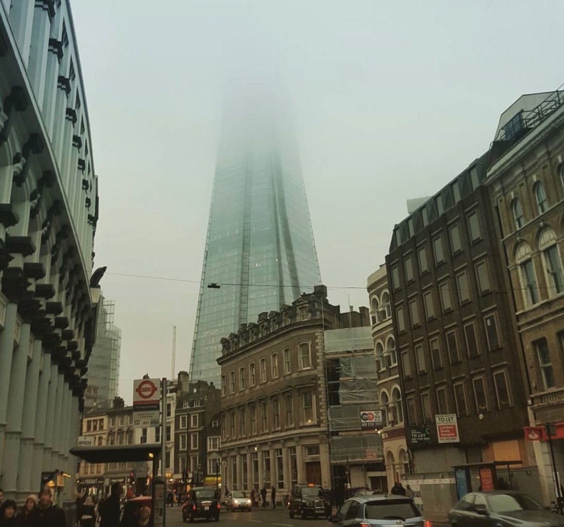 Pollution obscures the view of the Shard, the ninety-five story skyscraper in the heart of London. Image by Rohan Naik. London, 2018.