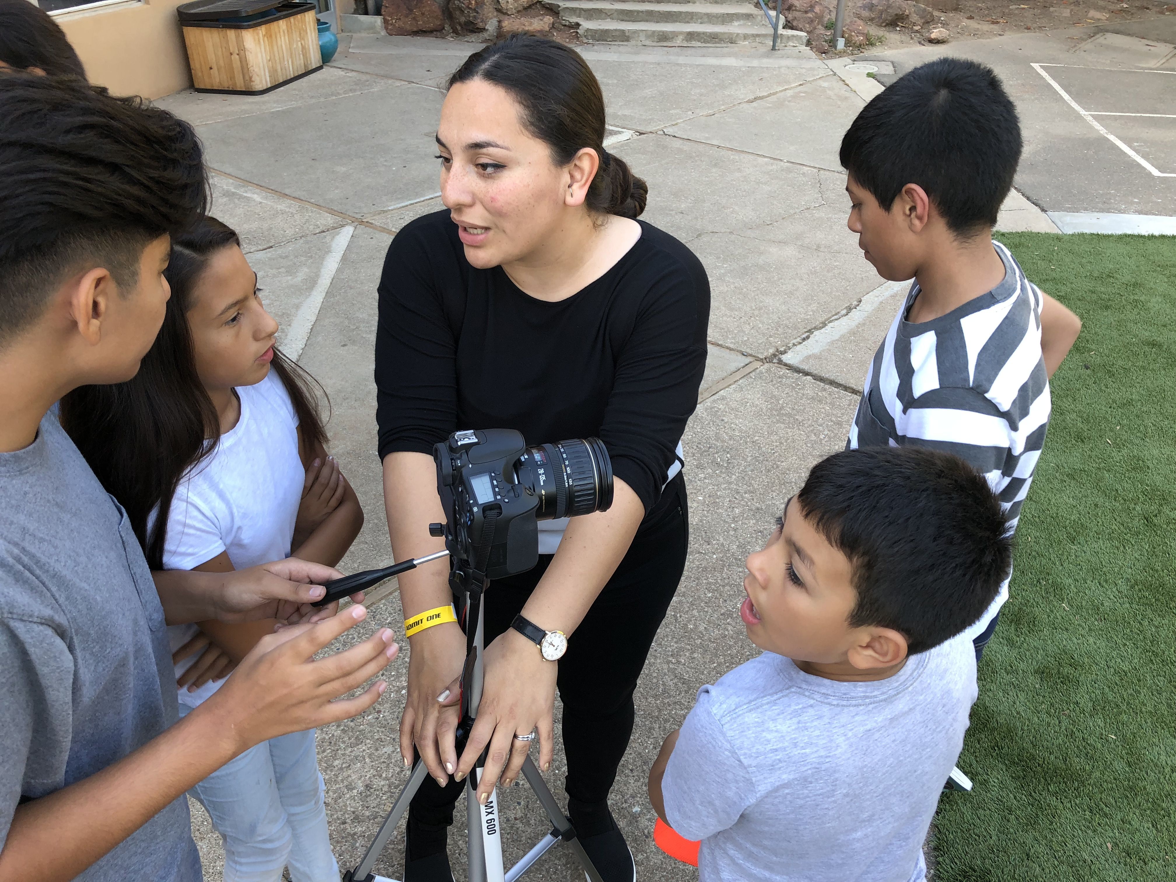 Camp coordinator Astrid Villagran leads kids in the basics of moviemaking. Image by Jaime Joyce for TIME Edge. California, 2018.