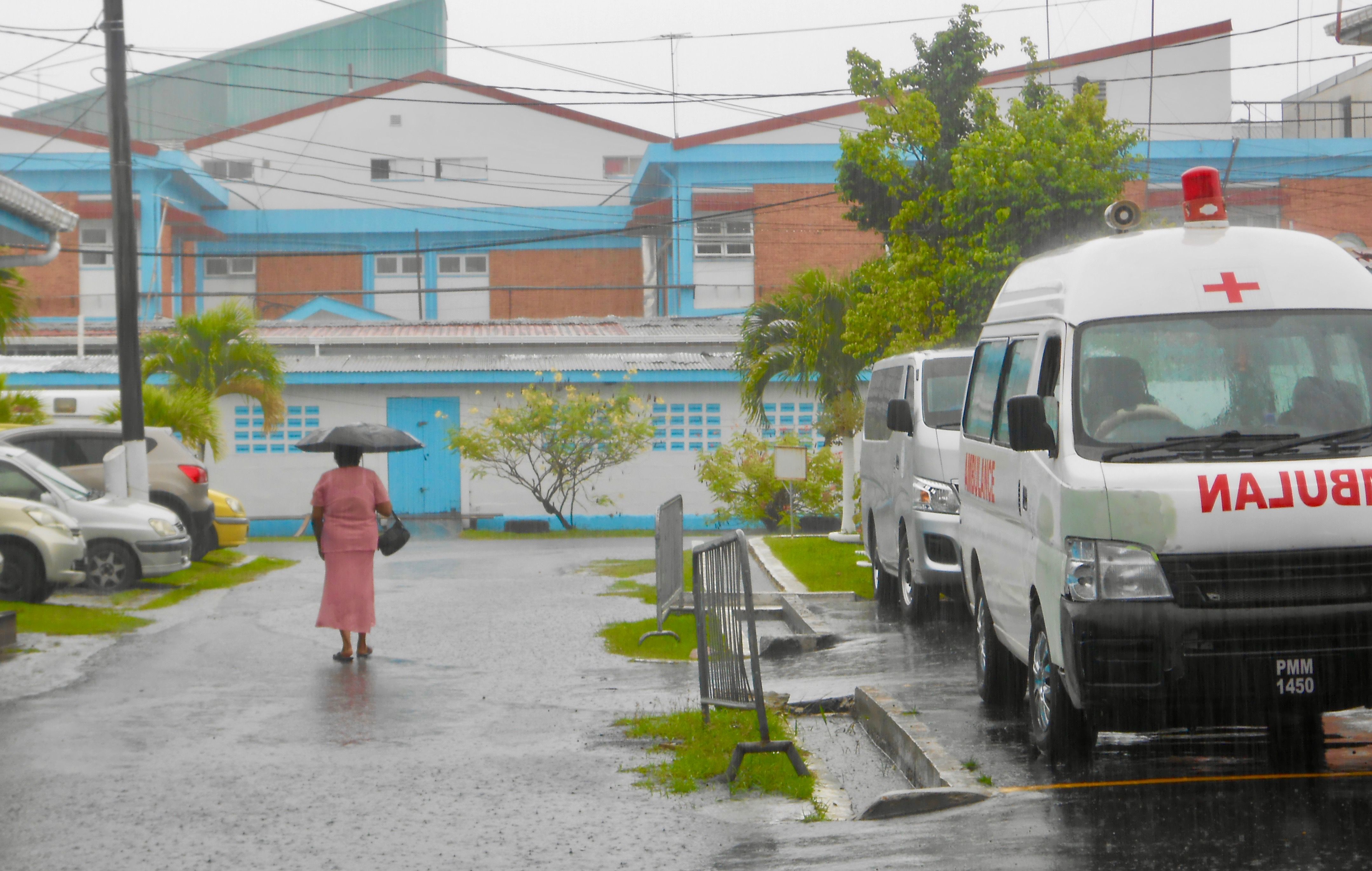 A rainy day outside Georgetown Public Hospital's Psychiatric Ward. Image by Madeline Bishop. Guyana, 2017. 