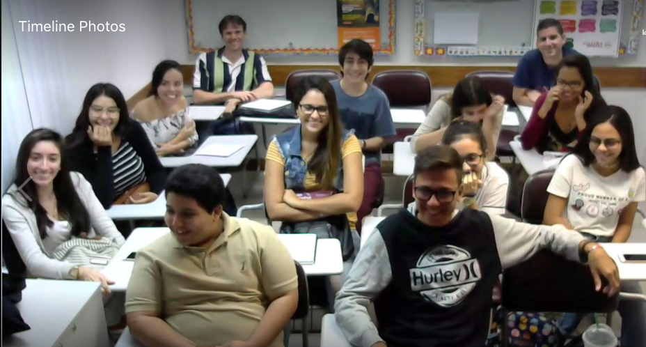 Students at a language school in Rio de Janeiro Skype with Pulitzer Center journalist Kara Andrade.