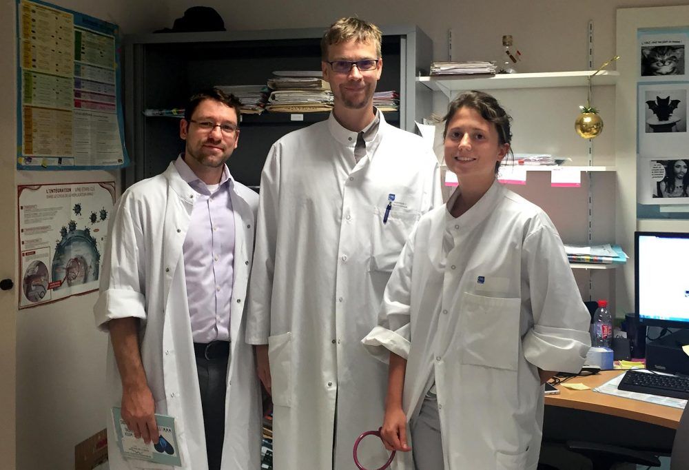 Dr. David Scales, left, with Lyme disease clinic staff Dr. Francois Goehringer, center, and Dr. Marie Geisler. France, 2017.