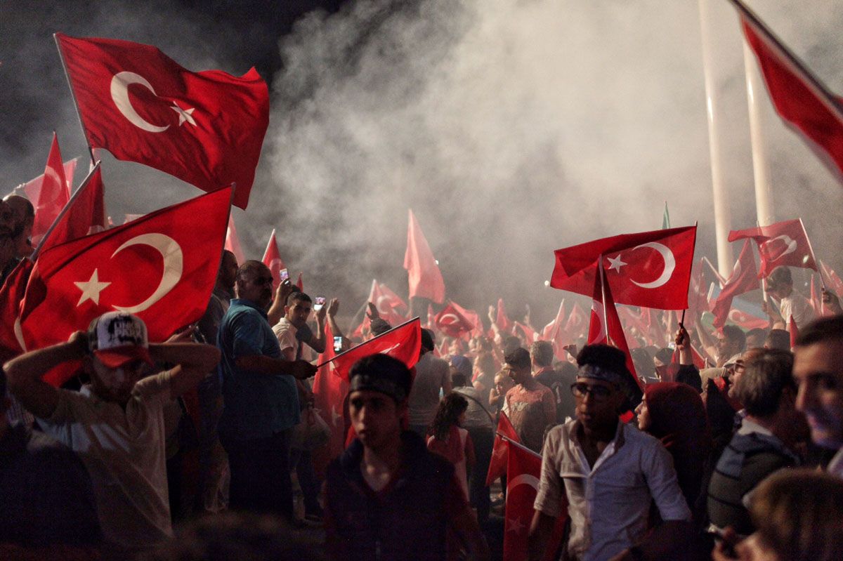 Supporters of Turkish President Recep Tayyip Erdogan in Istanbul’s Taksim Square, Image by Kursat Bayhan/Getty Images. Turkey, 2016.