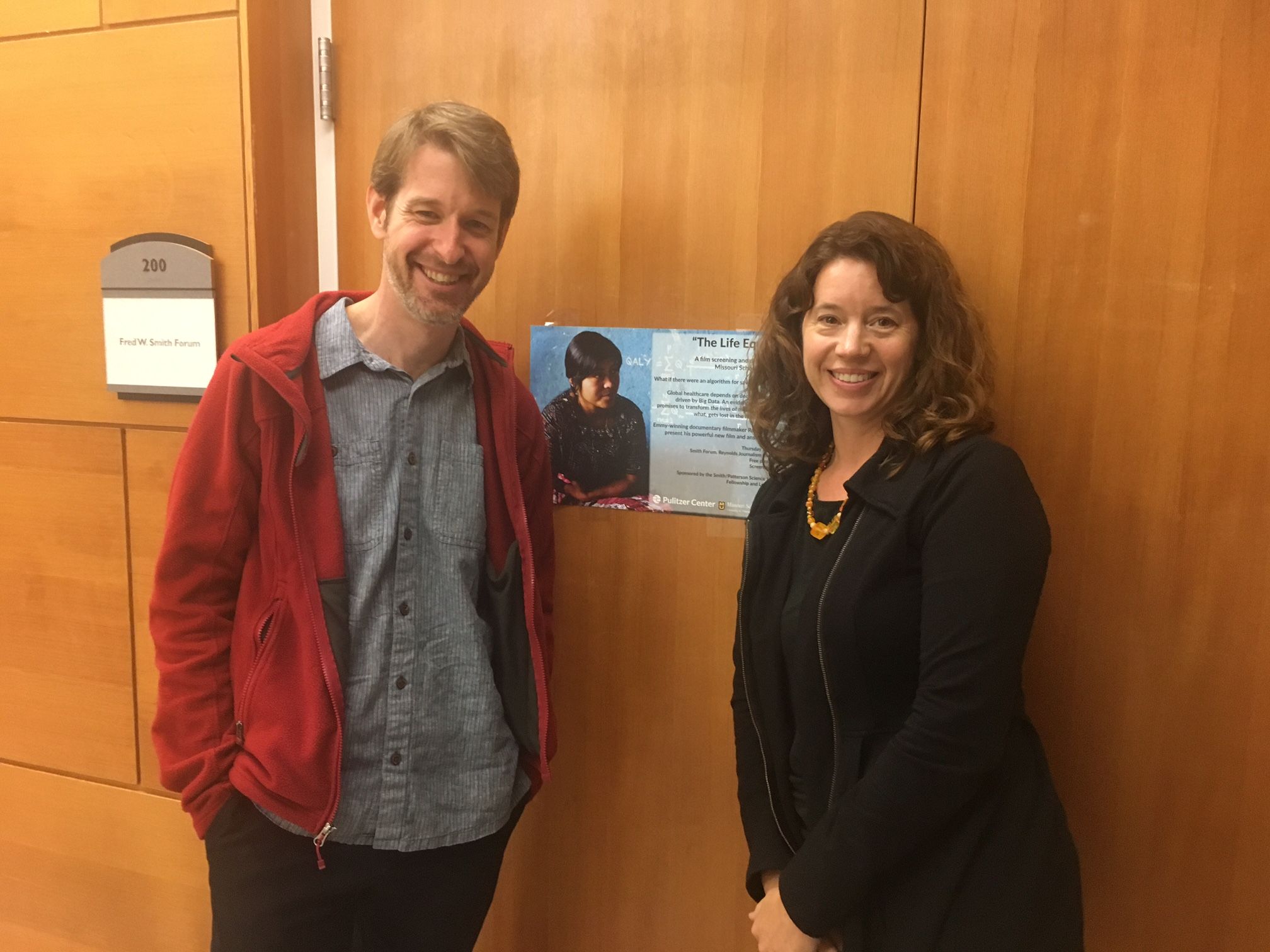 Filmmaker Rob Tinworth and Professor Sara Shipley Hiles at the screening of "The Life Equation" at the Reynolds Journalism Institute at the University of Missouri School of Journalism. Image by Kem Knapp Sawyer, United States, 2017.