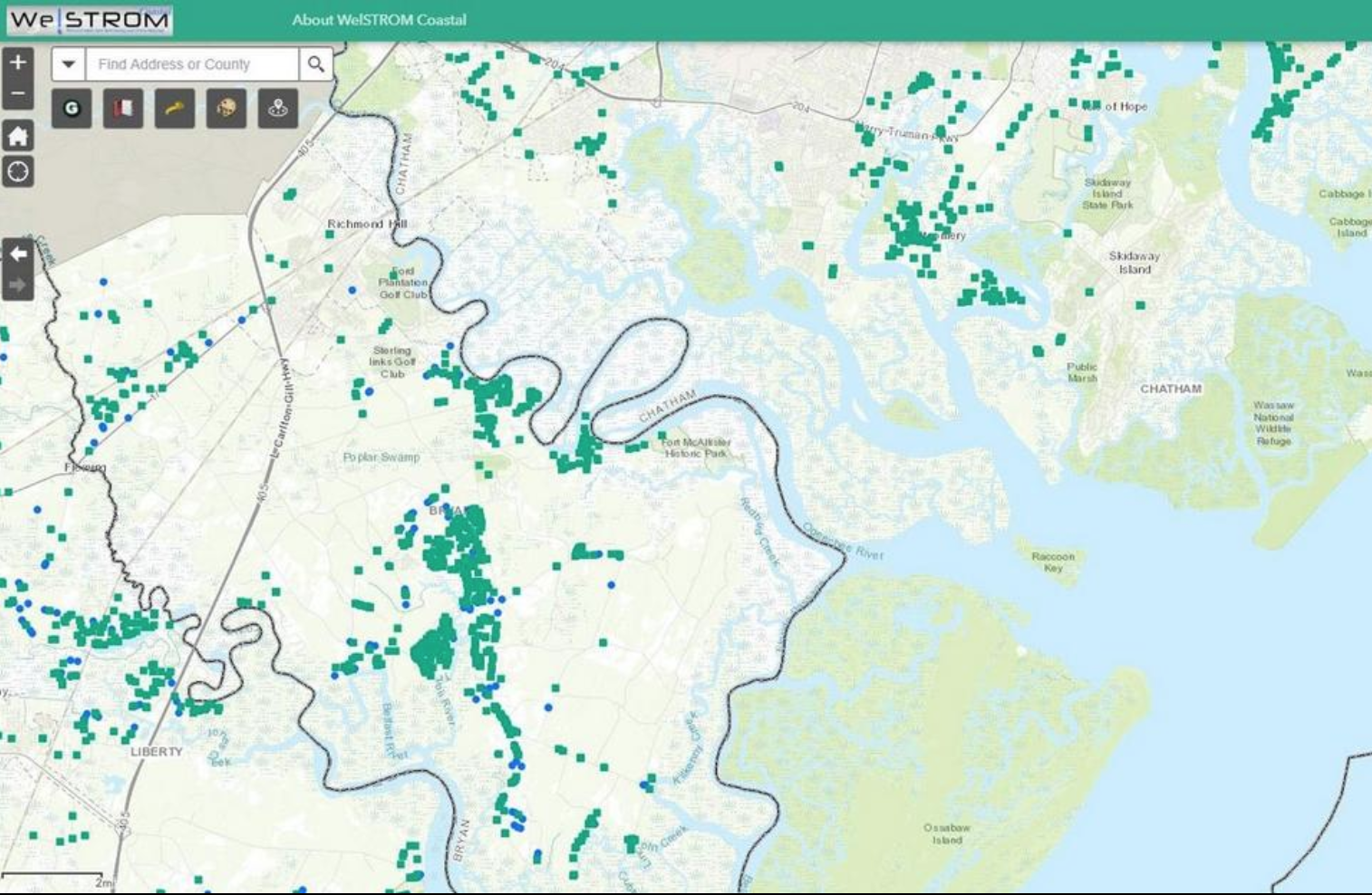This screen grab of the Welstrom Coastal site shows septic systems as green squares and wells as blue dots. The database is publicly accessible at welstrom.com/coastal/. Screenshot courtesy of Savannah Morning News.