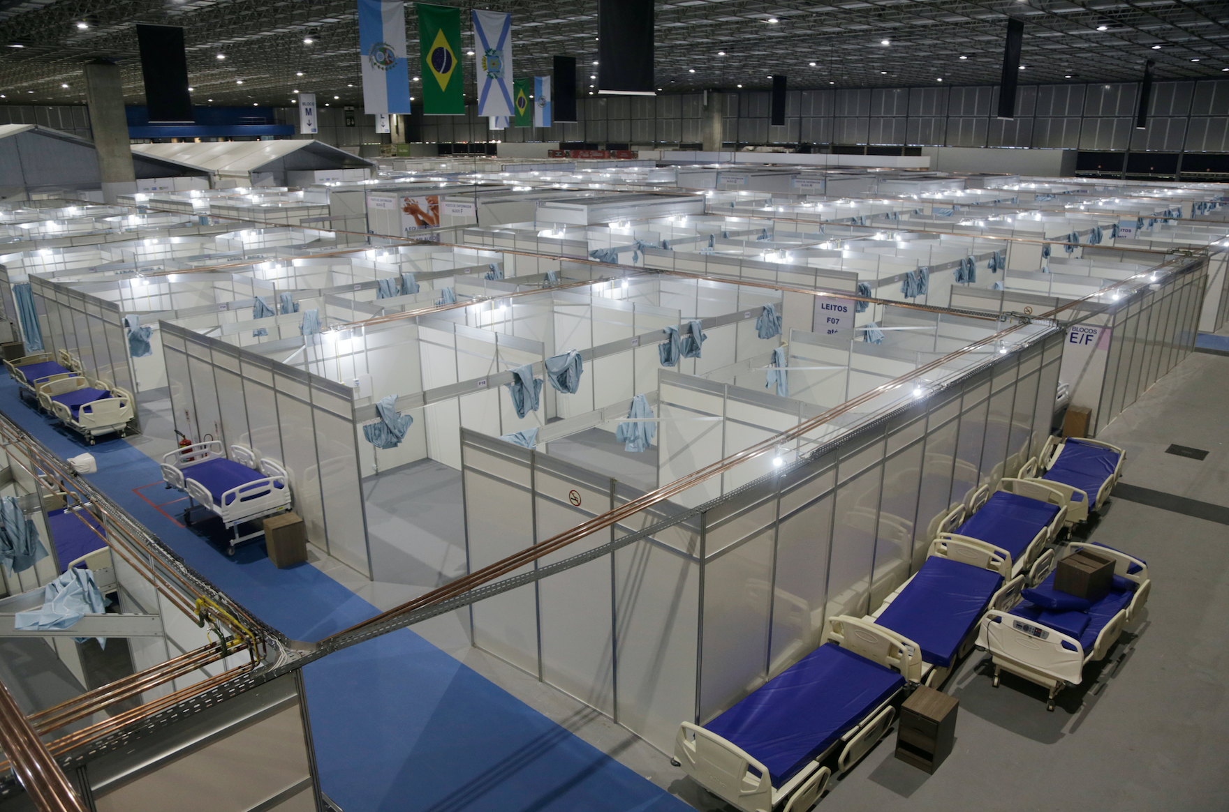 Rio de Janeiro, Brazil. April 29, 2020. An overview of an emergency field hospital is seen at Riocentro to receive COVID-19 patients. Image by Antonio Scorza / Shutterstock. Brazil, 2020.