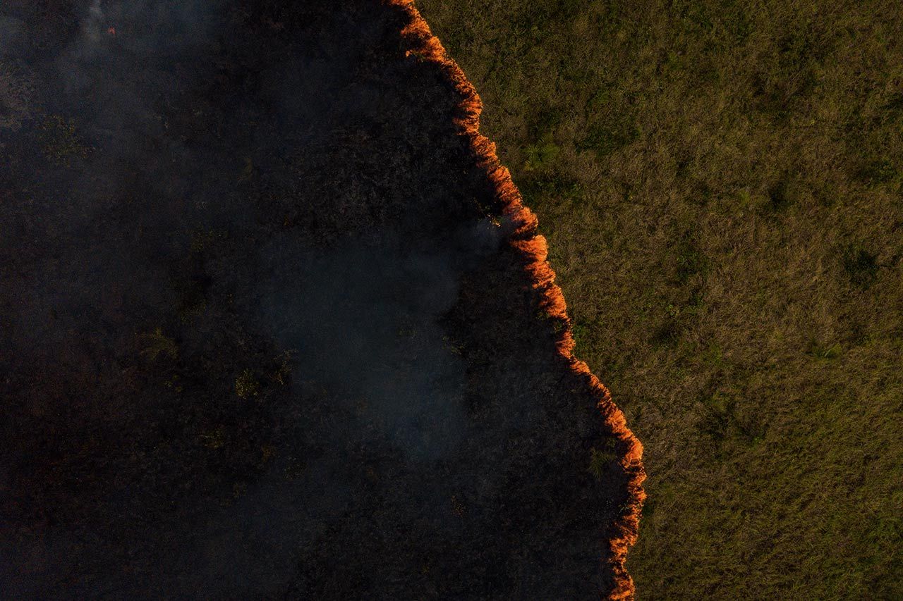 In Porto Velho, Rondonia, fire advances over a pasture area, endangering the surrounding forest. Image by Flavio Forner. Brazil, 2019.