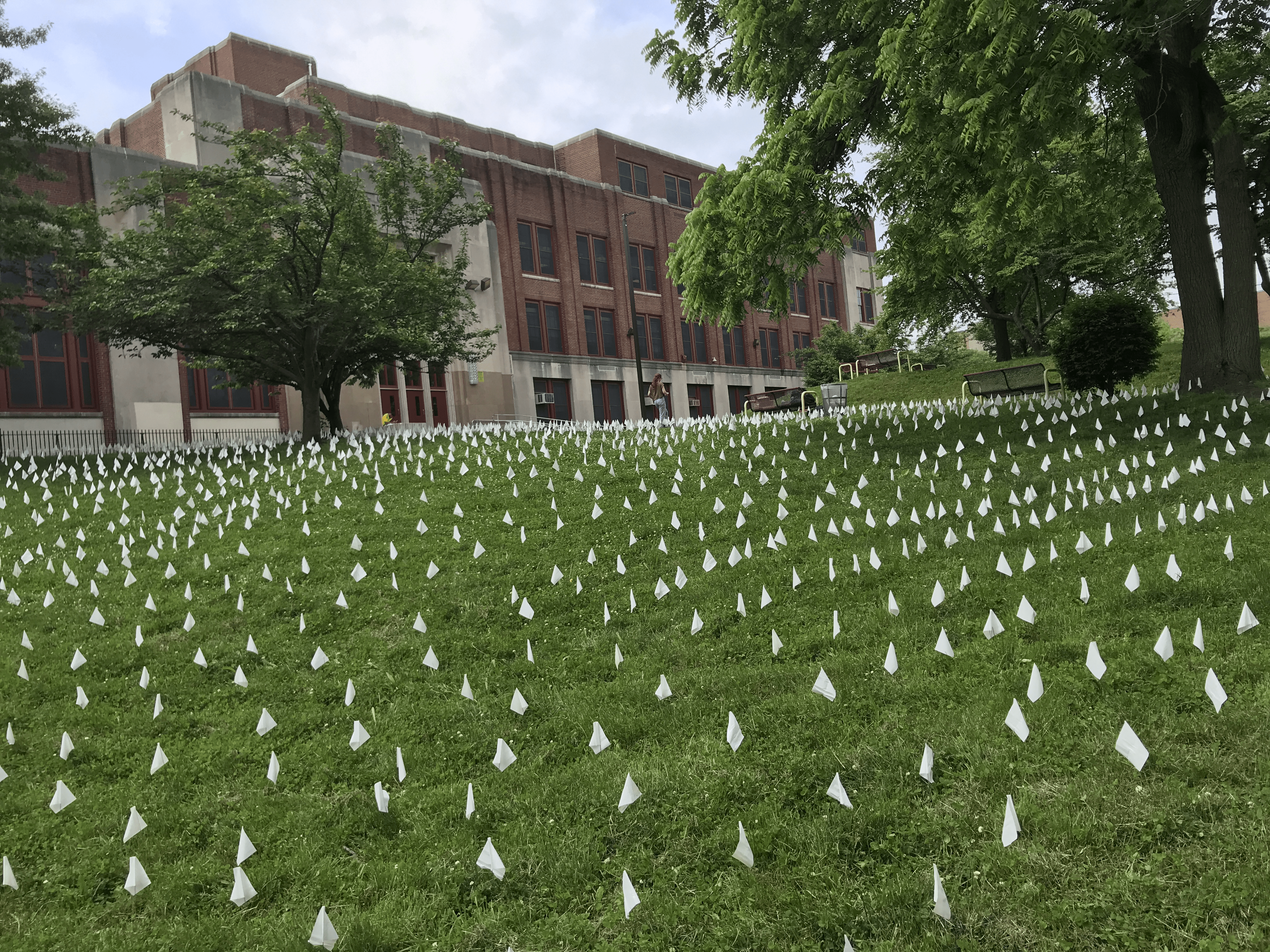 The 3,408 white flags in front of Central High School marked the number of civilian lives lost in the Syrian Civil War this year. Image by Ken Hung. Maryland, 2018. 