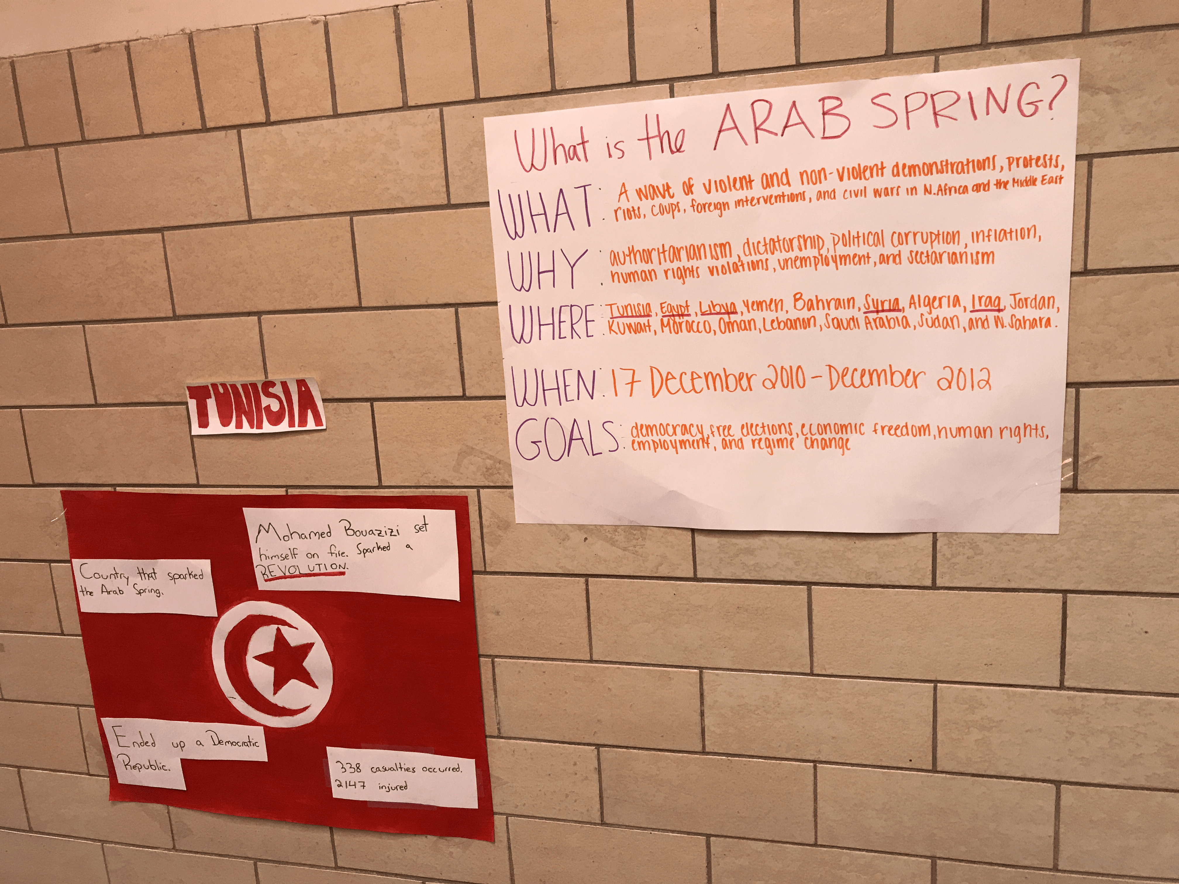 The hallways of the school housed a poster display on the countries affected by the Arab Spring. Image by Ken Hung. United States, 2018.