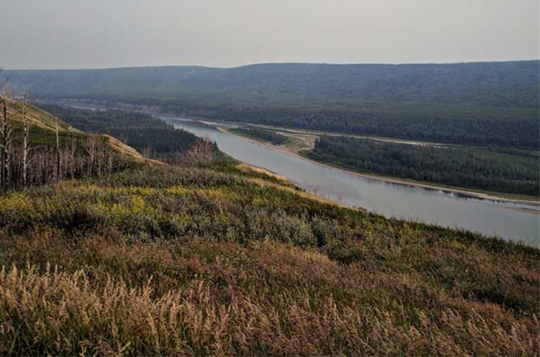 British Columbia’s Peace River, proposed location of the Site C Dam, a $9 billion hydropower project on the east side of the Rockies. Hydropower dams throughout the Northwest have created serious obstacles for migratory fish like salmon. “It’s not just the obstacle of the dam,” says Jeff Watters with the Ocean Conservancy. “It’s that you take a river ecosystem and turn it into something completely different.” Image by Saul Elbein. Canada, 2017.