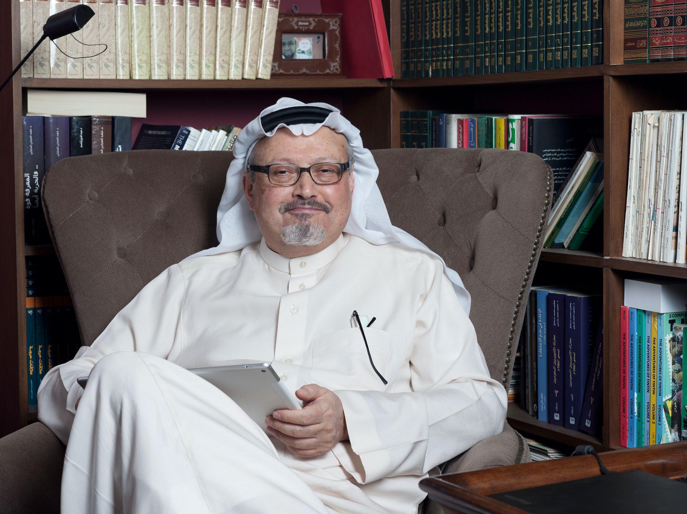 Portrait of journalist Jamal Khashoggi at his home in Jeddah. Image by Hany Musallam / Shutterstock. Saudi Arabia, 2016.