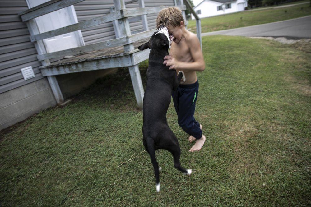 Donovyn Bonice, 8, plays with his dog, Delilah, on his family's back porch in Bidwell, Ohio, on Monday, July 27, 2020. His mother, Tasha Lamm, 30, is raising her two sons on public assistance. Image by Maye-E Wong/AP Photo. United States, 2020.