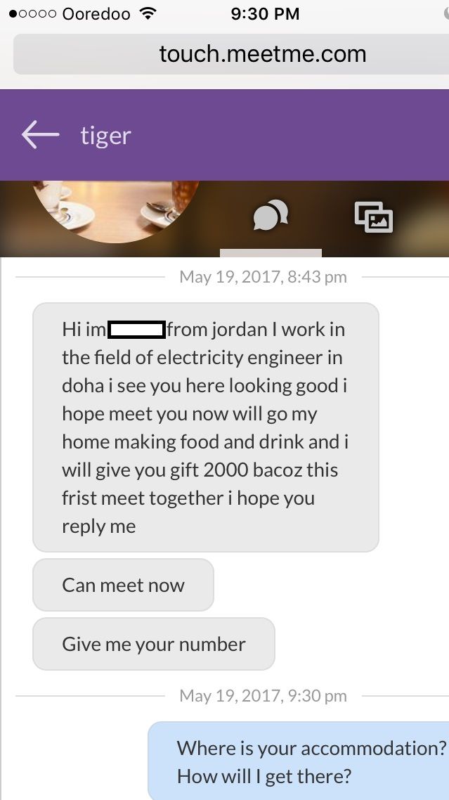 Screenshot from conversation on MeetMe. Screenshot Ana P. Santos. Qatar, 2017.