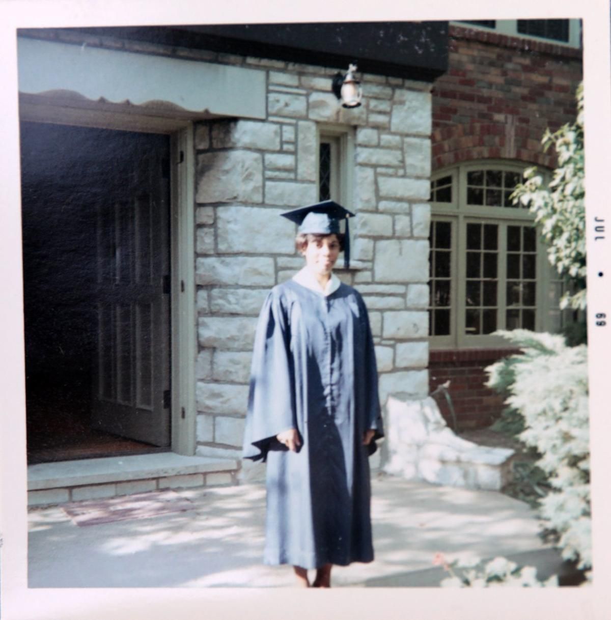 Judy Gladney poses for a photograph on the day of her graduation from University City High School in 1969. Image courtesy of Judy Gladney. United States, 1969.