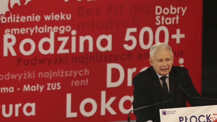 Jaroslaw Kaczyński, the leader of Poland's governing party, and his colleagues have appealed to voters with the Family 500+ program. Image by Czarek Sokolowski. Poland, 2019. 