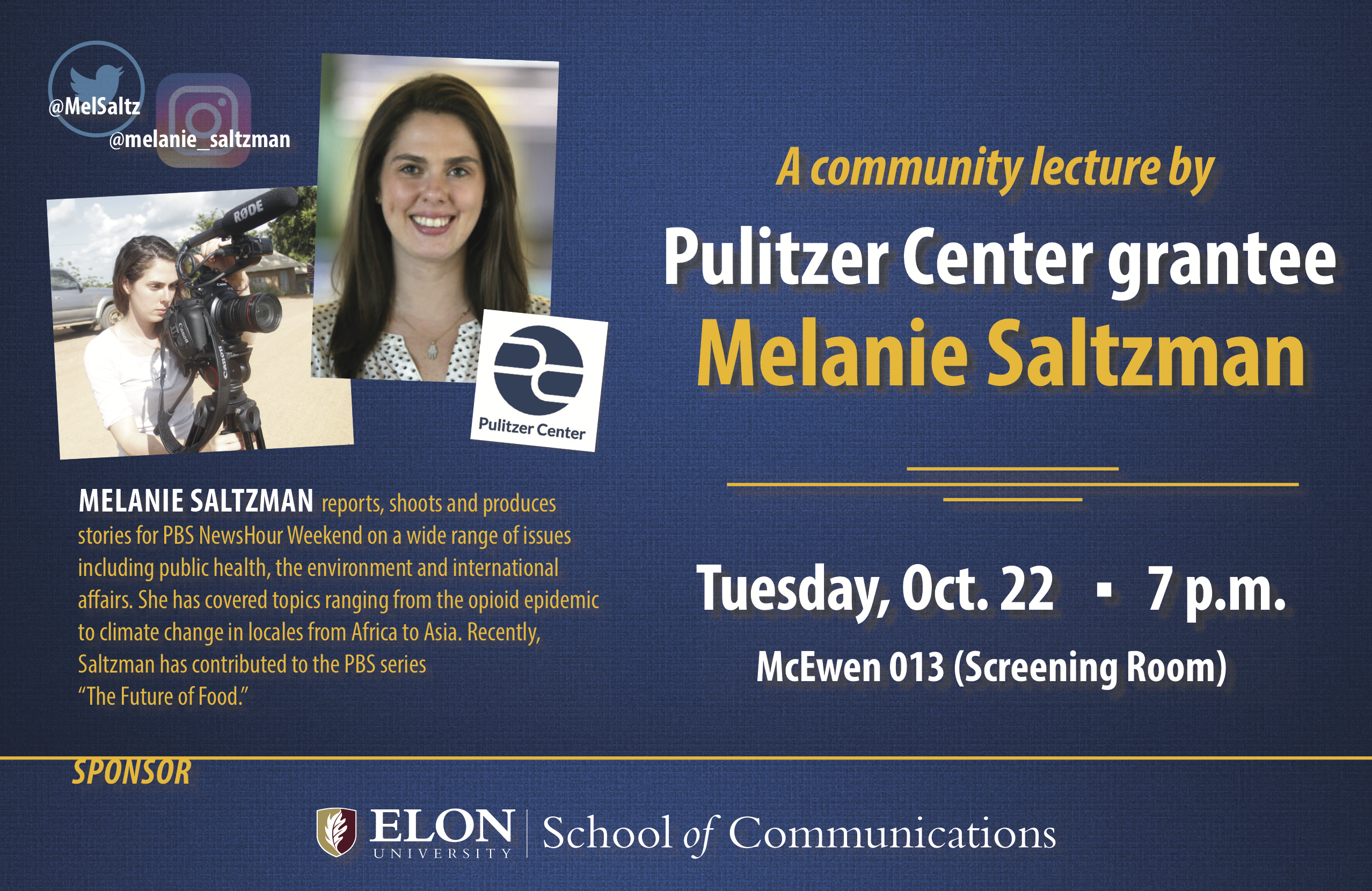 Melanie Saltzman at Elon University on October 21 and October 22.