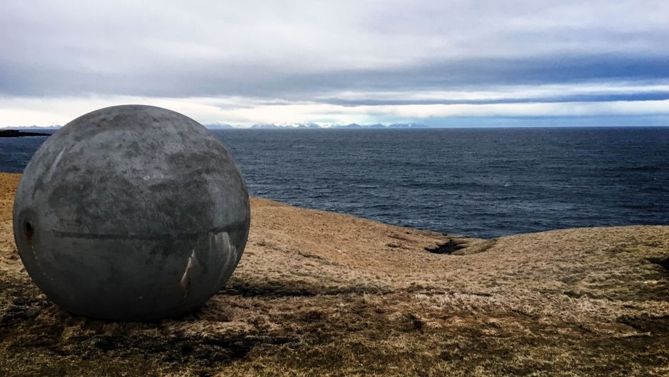 The monument Orbis et Globus overlooks the Greenland Sea from its current location on Grímsey Island in Iceland. Image by Amy Martin. Iceland, 2018.