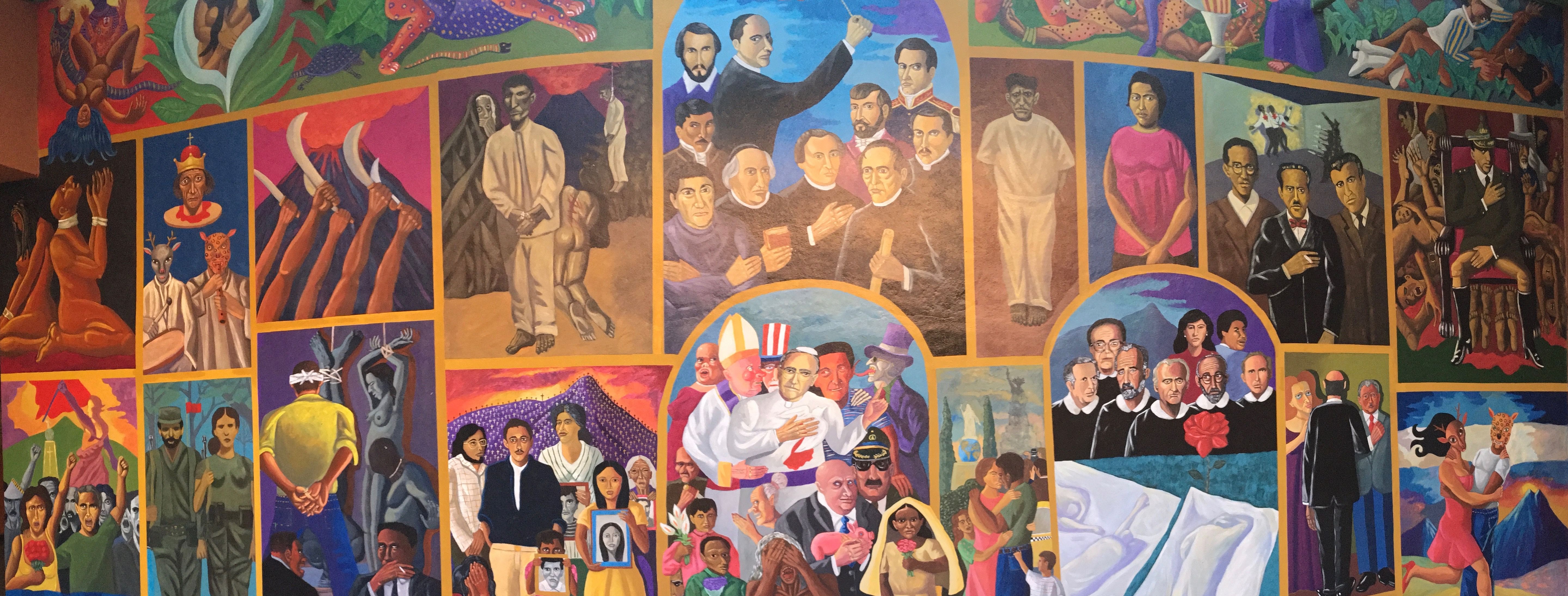 A powerful mural at the Museo Nacional de Antropología in San Salvador depicts the country's chaotic past—from colonial atrocities to the massacre of indigenous people in the 1940s and the brutal civil war of the 1980s. Image by Lauryn Claassen. El Salvador, 2017.