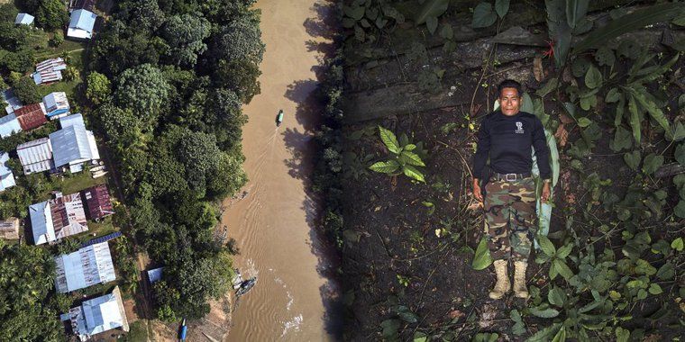 On the right, José Gregorio poses for an aerial portrait showing the front of his organization's shirt. On the left, an aerial view of the Amazon rainforest that surrounds the Amacuyacu river in Colombia.