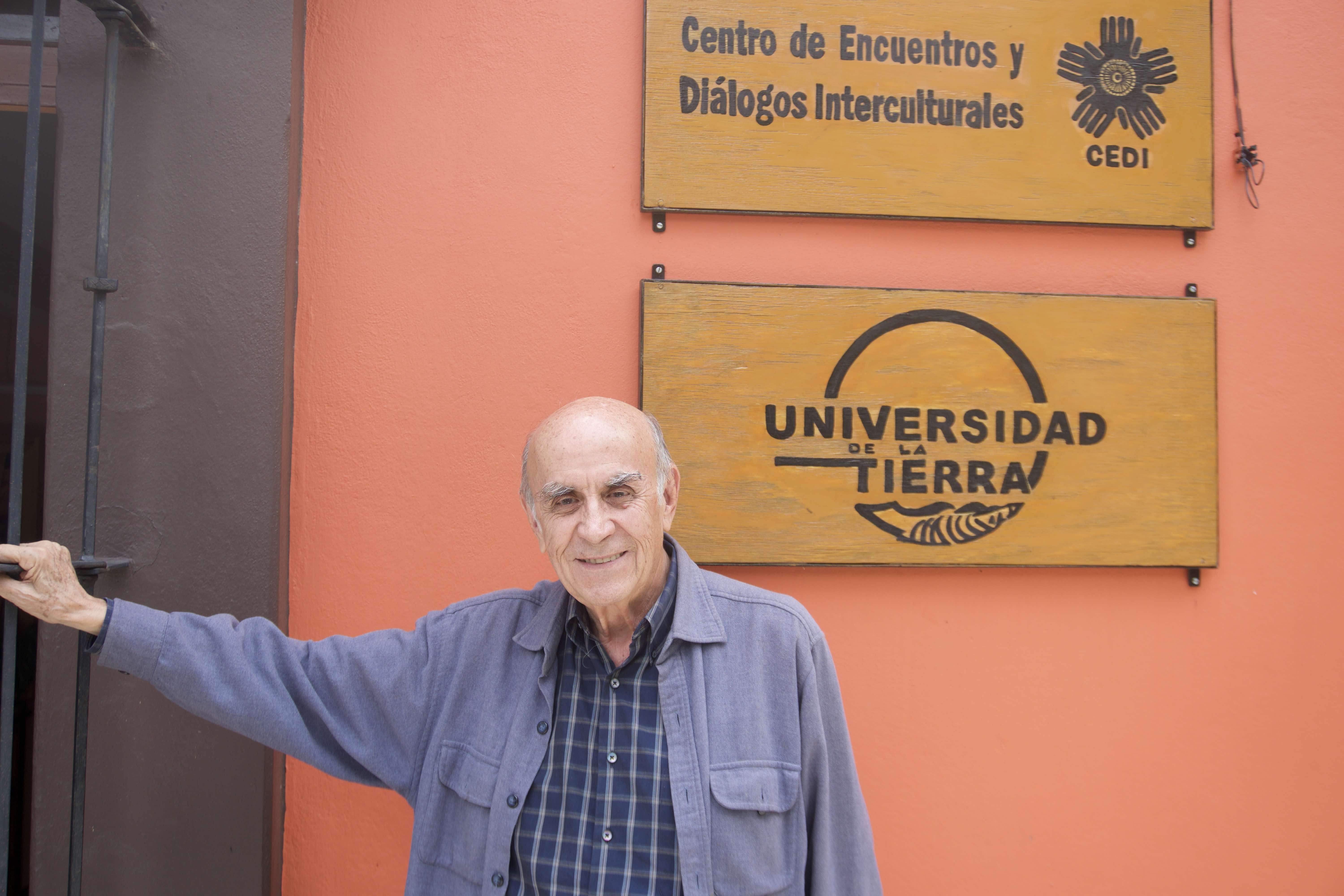 Gustavo Esteva before the Unitierra (short for Universidad de la Tierra, or "University of the Earth") the alternative education school he founded in the southern Mexican state of Oaxaca. Rooted in the radical educational philosophy of Brazilian philosopher Paolo Freire, Esteva has helped develop close ties to the Zapatista movement through the school he founded. Image by Jared Olson. Mexico, 2018.